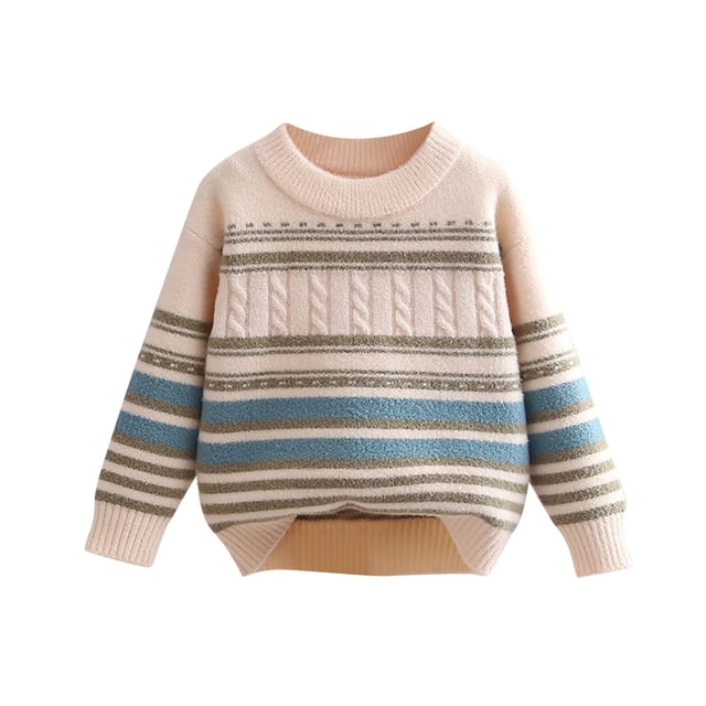 LOVZFMLL Chandails pour Garçons, Chandail à Col Rond en Tricot Torsadé Rayé, Essentiel de Mode Décontractée Confortable Vêtements d'Automne Chauds Hauts d'Hiver Vêtements pour Garçons de 3-4 Ans