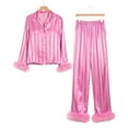 thumbnail image 3 of Vertical Stripes Women Long Sleeves Lace Trim Sleep Dress Plus Size Women Pajamas Set Heart Print Satin Trim Long Sleeve Shirt Pants Set Pajama Sets, 3 of 5