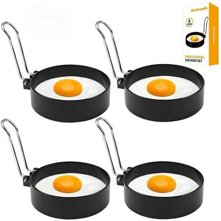 Cuiseur à oeuf GENERIQUE Lot de 4 anneaux à œufs antiadhésifs bolatus avec  poignée en silicone et brosse de qualité alimentaire - moule rond en métal  - pour cuire des œufs