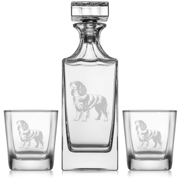 Whiskey Decanter Gift Set With 2 Whiskey Old Fashioned Rocks Glasses Cavalier King Charles Spaniel Stylized