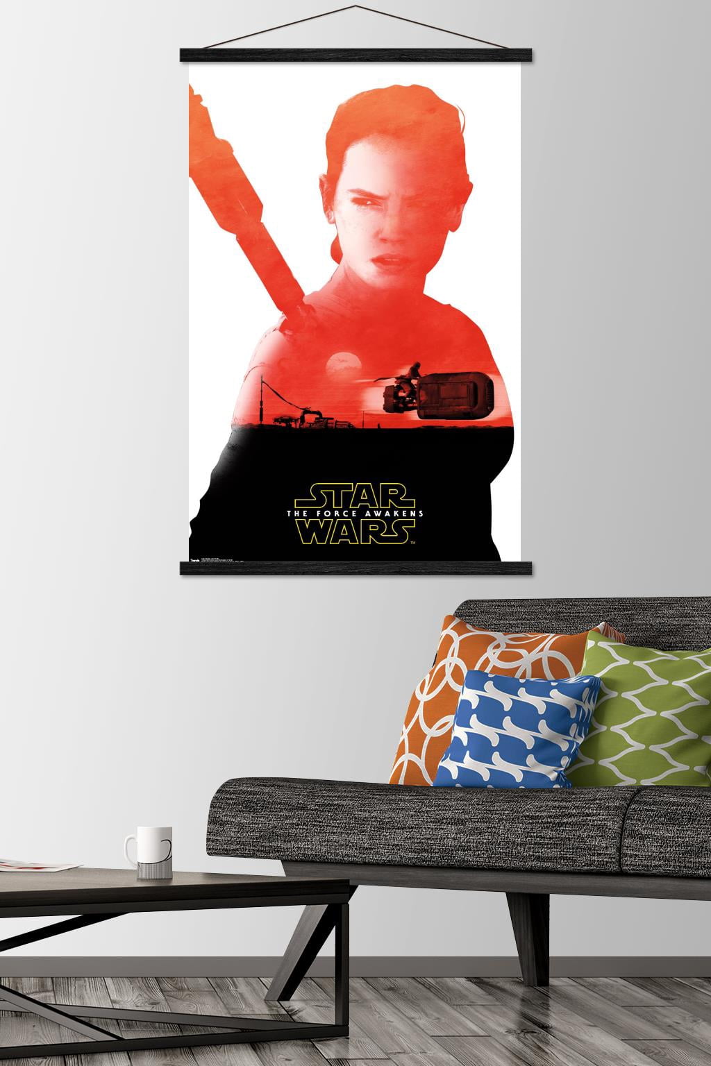 Star Wars: The Force Awakens - Rey Badge Wall Poster with Wooden Magnetic Frame, 22.375" x 34"