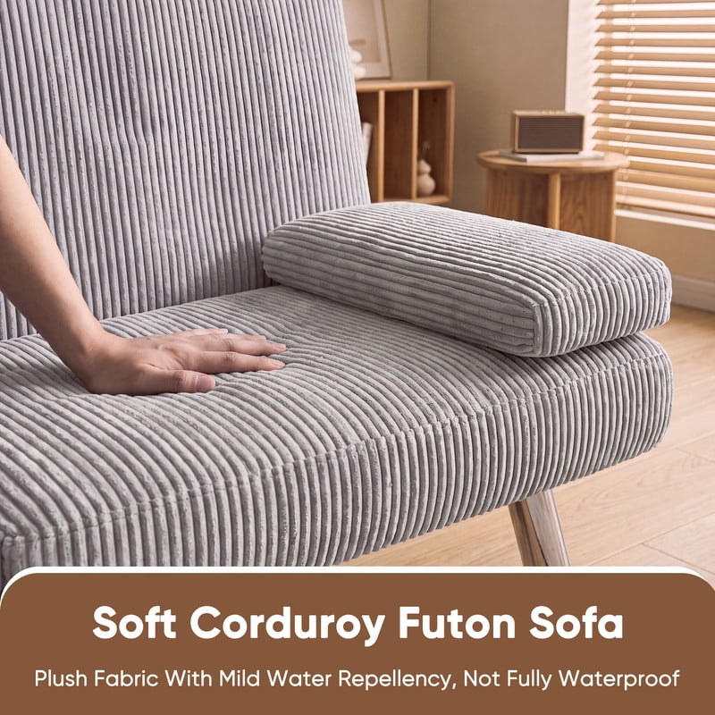 Lacoo Futon Sofa Bed, Corduroy Convertible Couch Sleeper Sofa, Cup Holders, Small Spaces, Gray