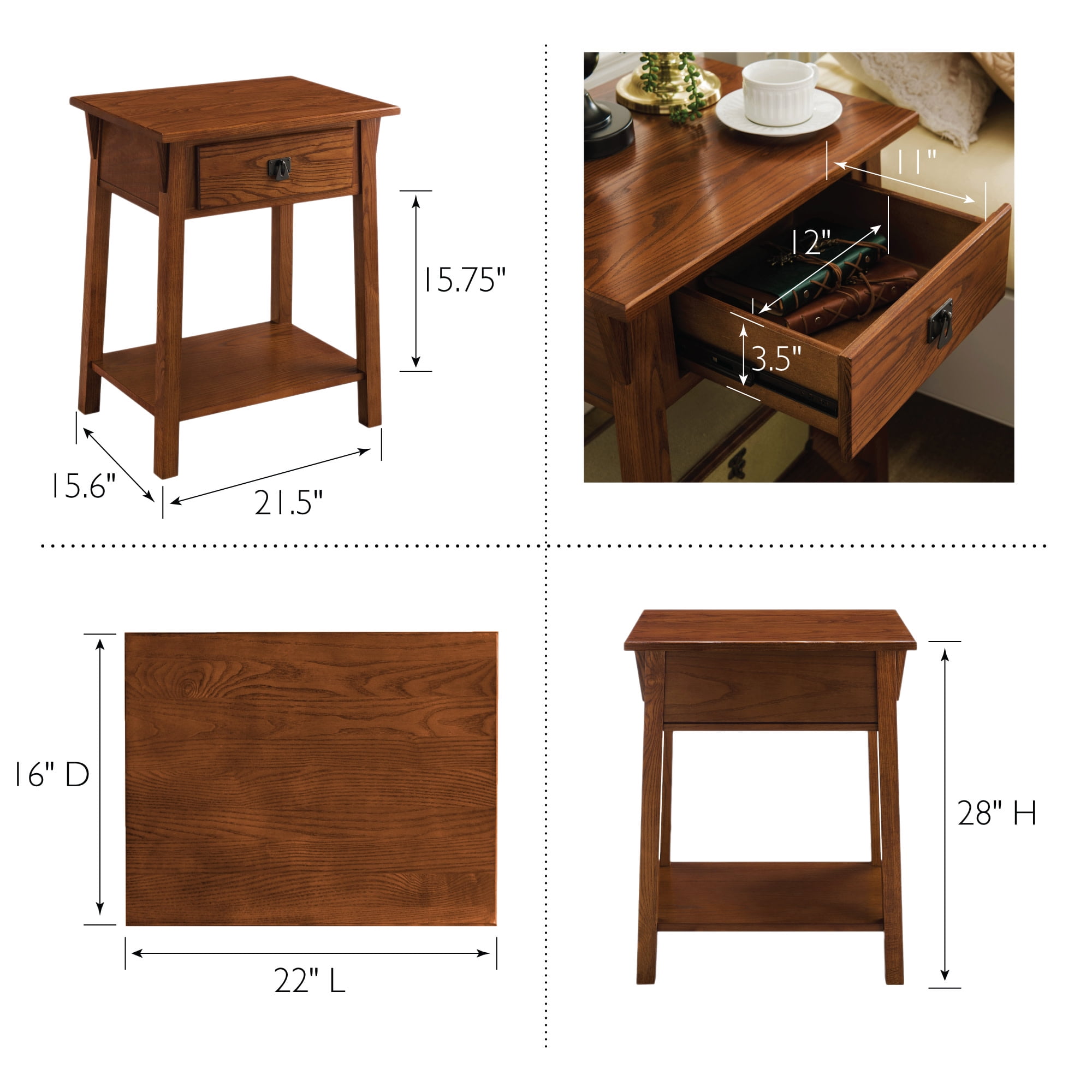 Leick Home Mission Solid Wood End Table with Drawer and Shelf, Russet Finish