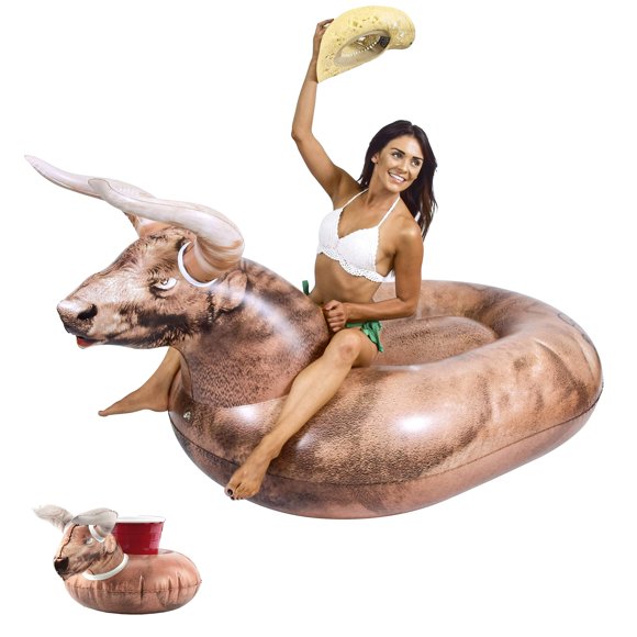 GoFloats Giant Inflatable Buckin' Bull - Grab Summer By The Horns, Includes Drink Float