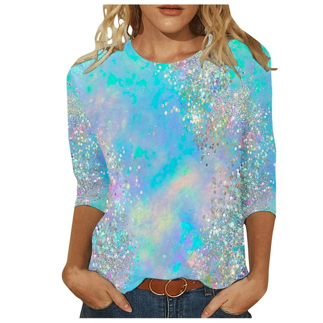 Yuyuzo Hauts pour Femmes Manches 3/4 Chemises Col Rond Blouses Décontractées Imprimé Graphique T-Shirts Tees
