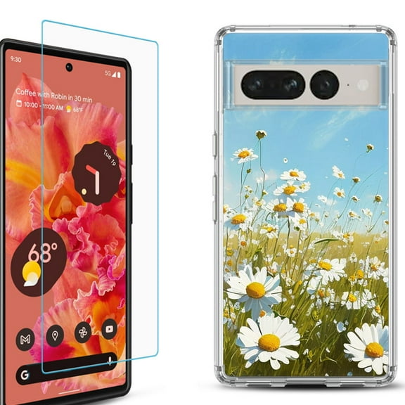 Shockproof Bumper Phone Case for Google Pixel 7, with Tempered Glass Screen Protector, by OneToughShield ® - Daisy Field