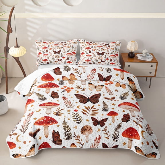 Homewish Dreamy Boho Mushrooms Twin Quilt Set,Butterfly Floral Twin Coverlet Set,White Red,2-Piece