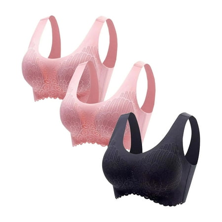 3-Pack Sports Bras for Women Solid Lace Pattern Casual Sticky Bra No Rims Breathable Softy Nursing Bra Vest Elegant Fitted Bras(2Pink+Black,XL)