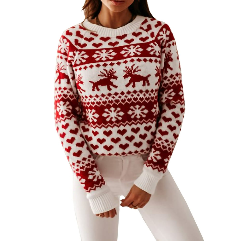 Feinuhan Women's Christmas Sweater Long Sleeve Reindeer Snowflakes