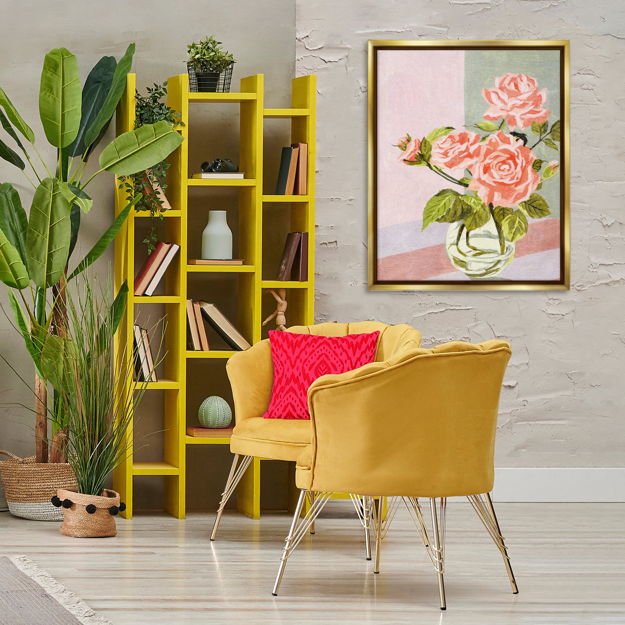 Stupell Industries Pink Roses on Pastels Plants & Flowers Painting Gold Floater Framed Canvas Art Print Wall Art, 25 x 31