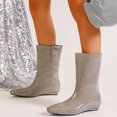 thumbnail image 2 of Domuza Women's Fall Winter Glossy Pointed Toe Mid Calf Boots, Ruched Wedge Heel Pull On Leather Look Short Boots Gray 8（EU-40）, 2 of 5