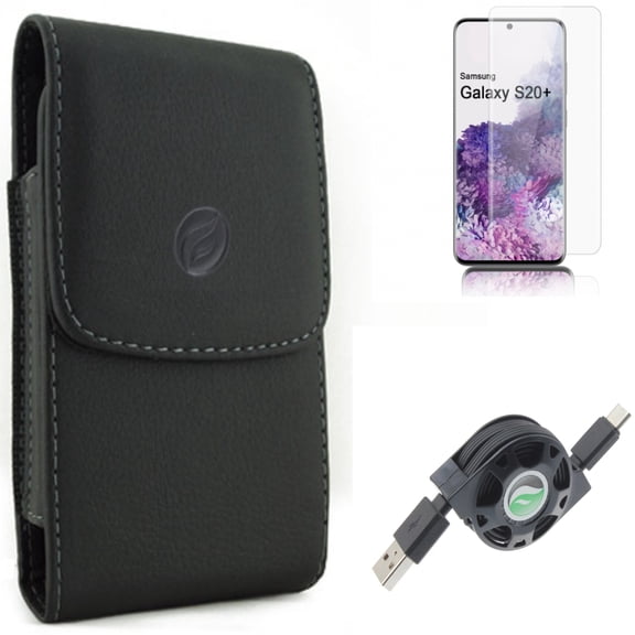 USB Cable w Case Belt Clip w Screen Protector for Samsung Galaxy S20 Plus - Retractable Type-C Charger, Leather Holster Cover, Tempered Glass [Fingerprint Unlock] 3D Curved Edge fits Galaxy S20 Plus