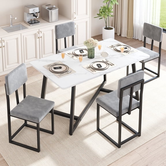 UHOMEPRO 5 Piece Dining Room Set, Modern Dining Table Set with Faux Marble Tabletop and 4 Velvet Upholstered Chairs for 4 Persons, Rectangle Kitchen Table Set Dining Set for Dining Room, White Gray