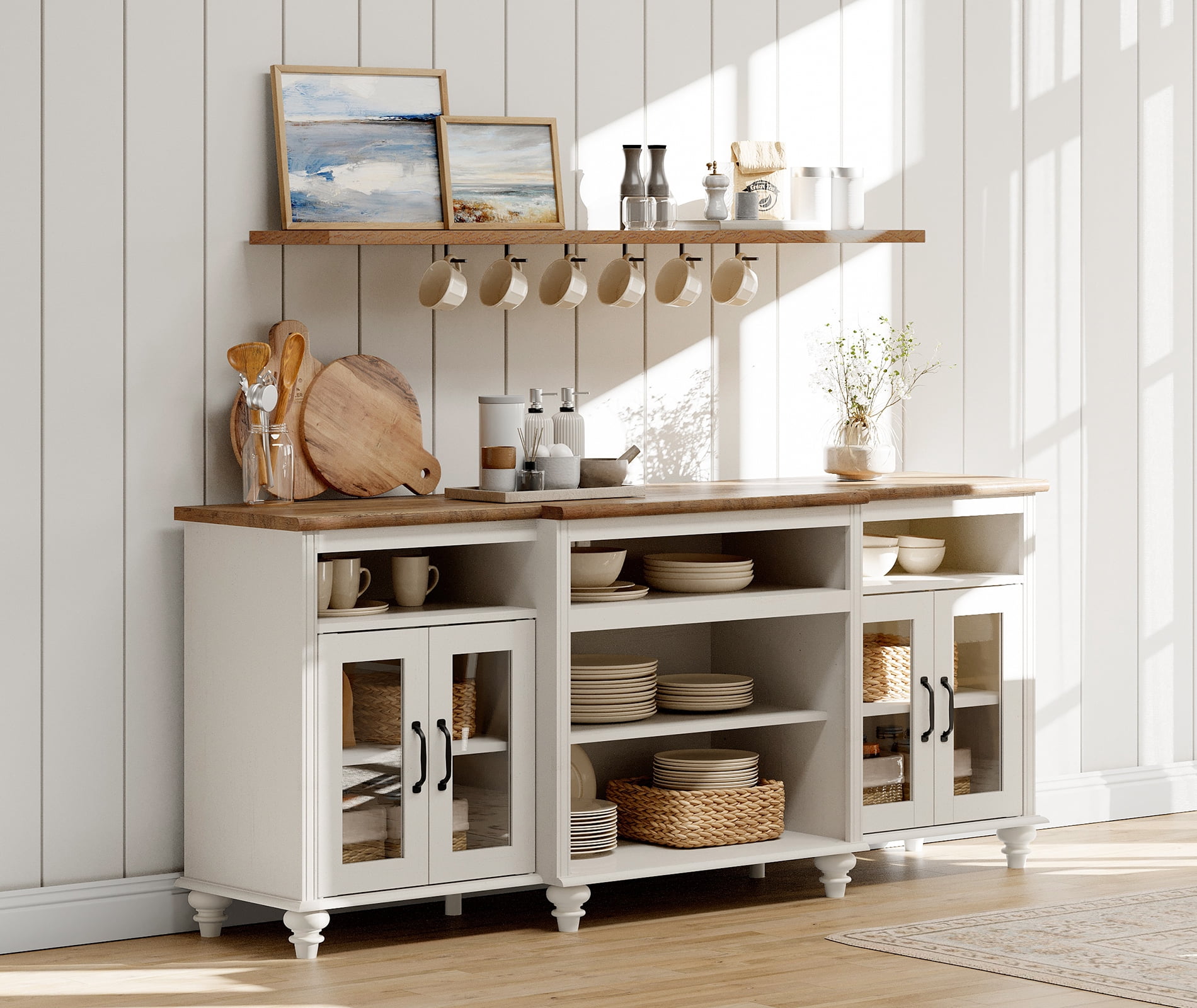 Antique White Buffet Cabinet with 4 Glass Doors, Large Coffee Bar Tables with 9 Storages, 70 inch