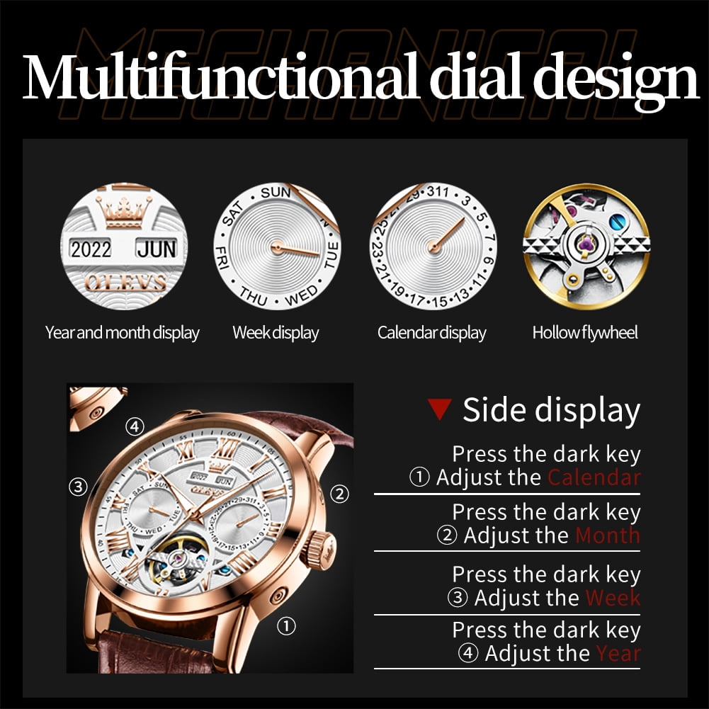 OLEVS Automatic Watches for Men Self Winding Mechanical Skeleton Flywheel Multifunction Luxury Dress Roma Rumerals Calendar Waterproof Luminous Men Wrist Watches Leather