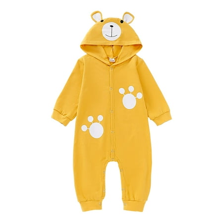 

NZRVAWS Newborn Baby Boys Romper Jumpsuit Onesies Bodysuit Bear Print Long Sleeve Hooded Single Breasted Design Romper 9-12 Months Yellow