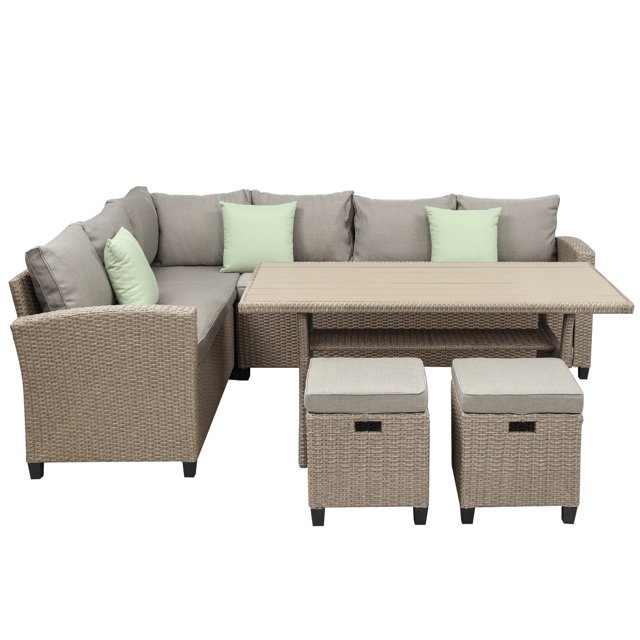 Patio Furniture Set 5 Pcs Outdoor Conversation Set All Weather Wicker Sectional Couch Sofa Dining Table Chair w/ Ottoman&Pillow My Lux Decor Round