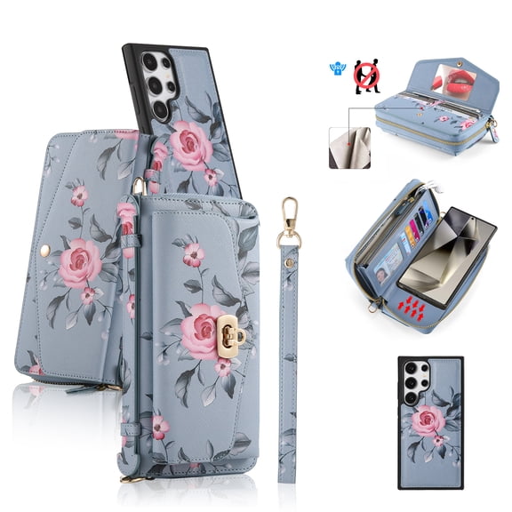 ELEHOLD Multi-Functional Wallet Case for Samsung Galaxy S24 Ultra Large Capacity 14 Card Slots Magnetic Detachable Phone Case with Wristband Shoulder Strap Luxury Flower Purse Phone Bag, Grey