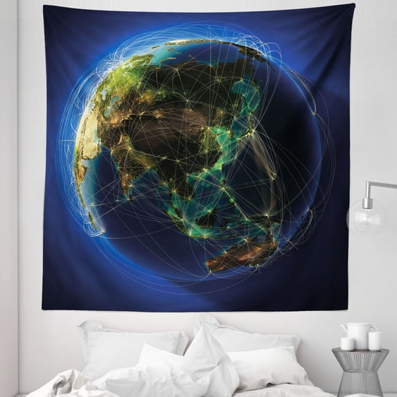 World Tapestry, Earth Surrounded by Thin Lines Major Air Routes Navigation Trajectory Theme, Fabric Wall Hanging Decor for Bedroom Living Room Dorm, 5 Sizes, Blue Green Brown, by Ambesonne