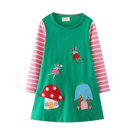

Baby Girls Dresses Cartoon Animals Printed Long Sleeve O-Neck Wrinkled Appliques A-Line Flared Skater Cotton Outfit Wedding Stylish Holiday Dress