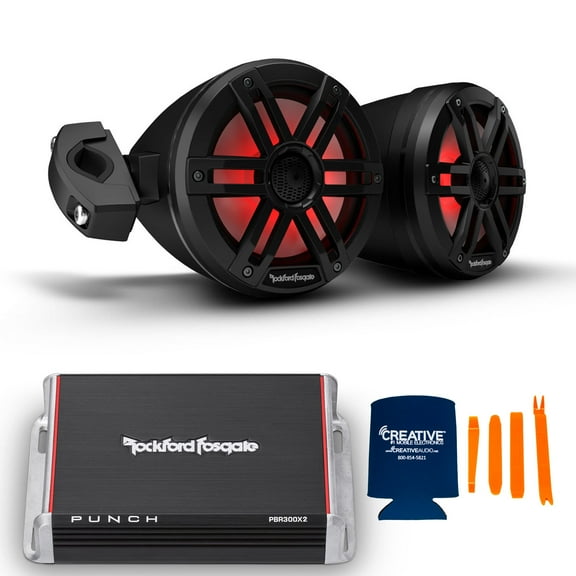 Rockford Fosgate 1 Pair of M1WL-65MB Black 6.5" Color Optix Moto Can Speakers and 1 PBR300X2 2 Channel Amplifier