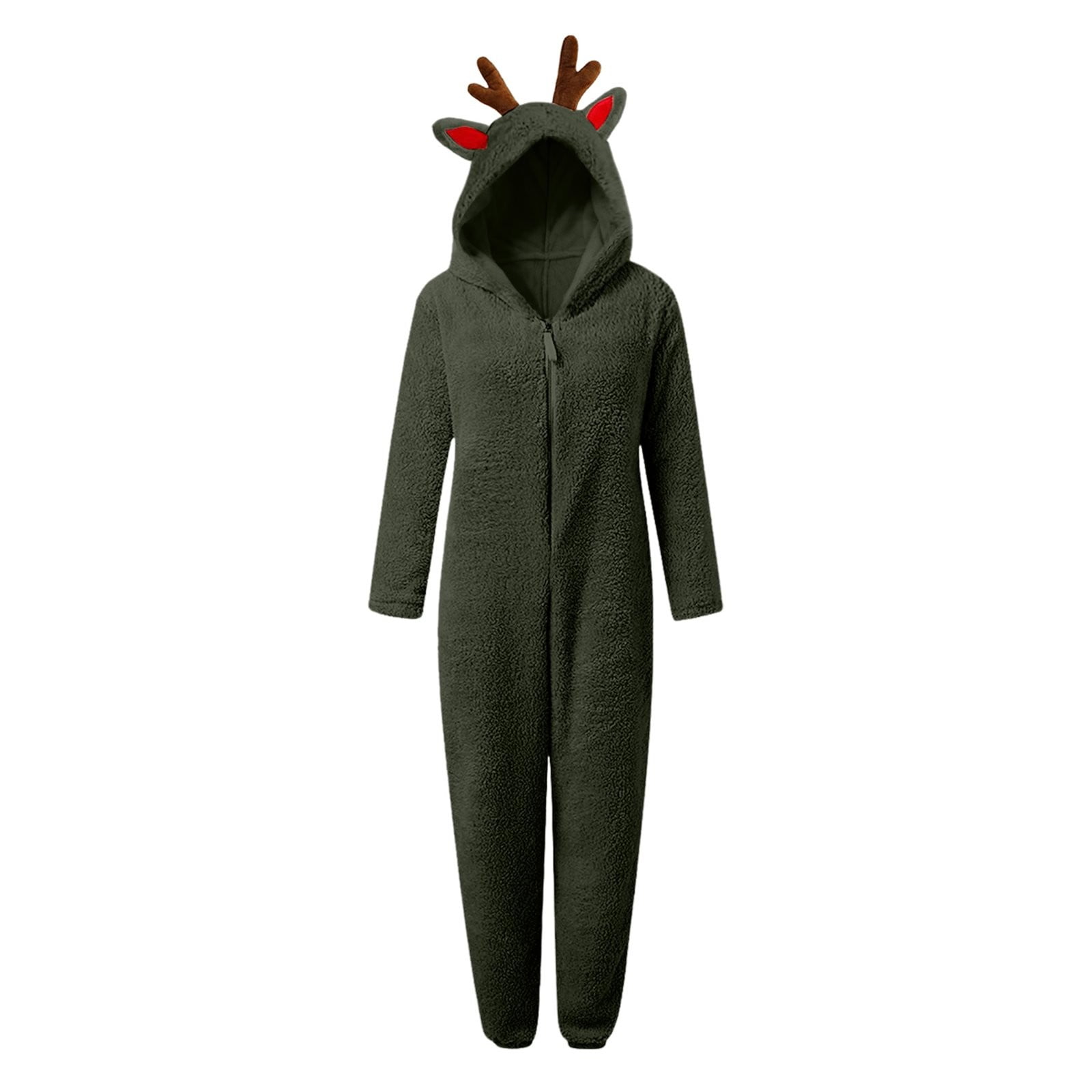 Ruyang Christmas Deer Ears Fleece Jumpsuit for Girls Winter Warm Fuzzy Hooded Onesie Zip Thermal Furry Bodysuit