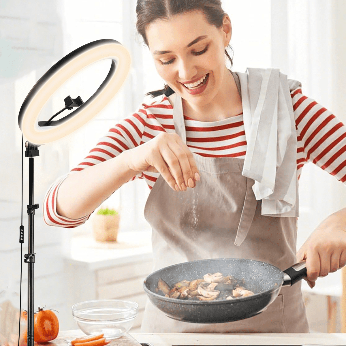 10-inch adjustable RGB LED ring light with a 63-inch telescoping stand—featuring stepless dimming, ideal for professional Zoom meetings in low-light environments