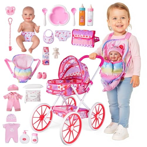 BABESIDE Baby Doll Stroller and Accessories – 12" Washable Baby Doll with 24 Pcs Care Kit, Carrier & Sturdy Wheels – Pretend Play Doll Stroller for Toddlers Girls Ages 3+