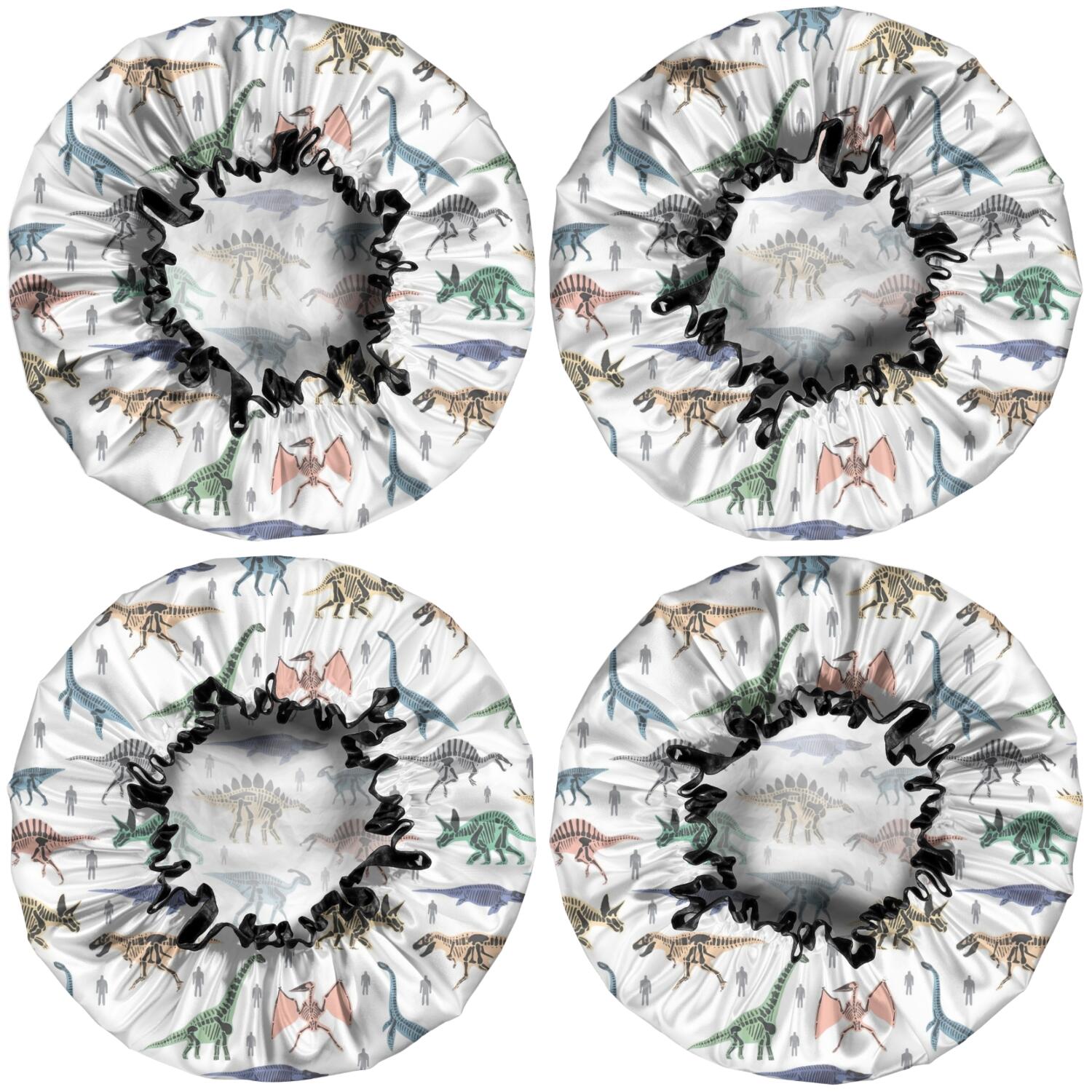 Shower Caps,White Dinosaurs Skeletons Pattern Waterproof Shower Cap for Women 4 Pieces,Double Reusable Hair Cover for Shower PEVA Elastic Stretch Hem