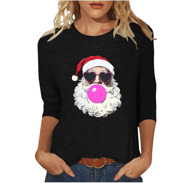 Fiudx Liquidación de Ofertas Flash Camiseta de Manga 3/4 con Cuello Redondo y Estampado Navideño para Mujer, Jersey con Cuello Redondo, Top/Camisa de Manga Larga con Cuello Redondo