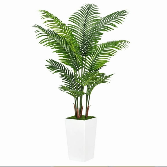Artificial Palm Tree 5FT - Fake Tree with White Tall Planter - Faux Tropical Areca Floor Plant in Pot - Artificial Silk Plant for Home Office Living Room Decor Indoor