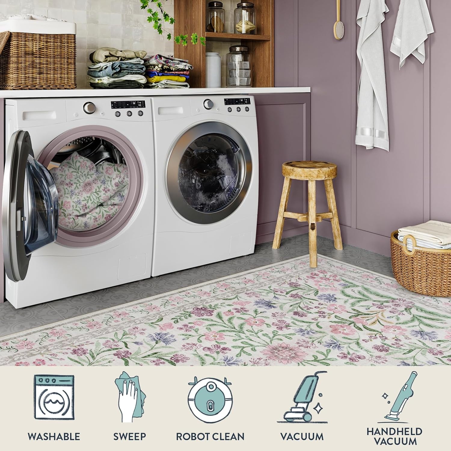 Lahome 5'x7' Washable Area Rug for Living Room with Non Slip Backing,Traditional Boho Rug,Low Pile Lightweight Carpet,Floral Print Mat,Better Home,Washable Machine for Bedroom,Purple