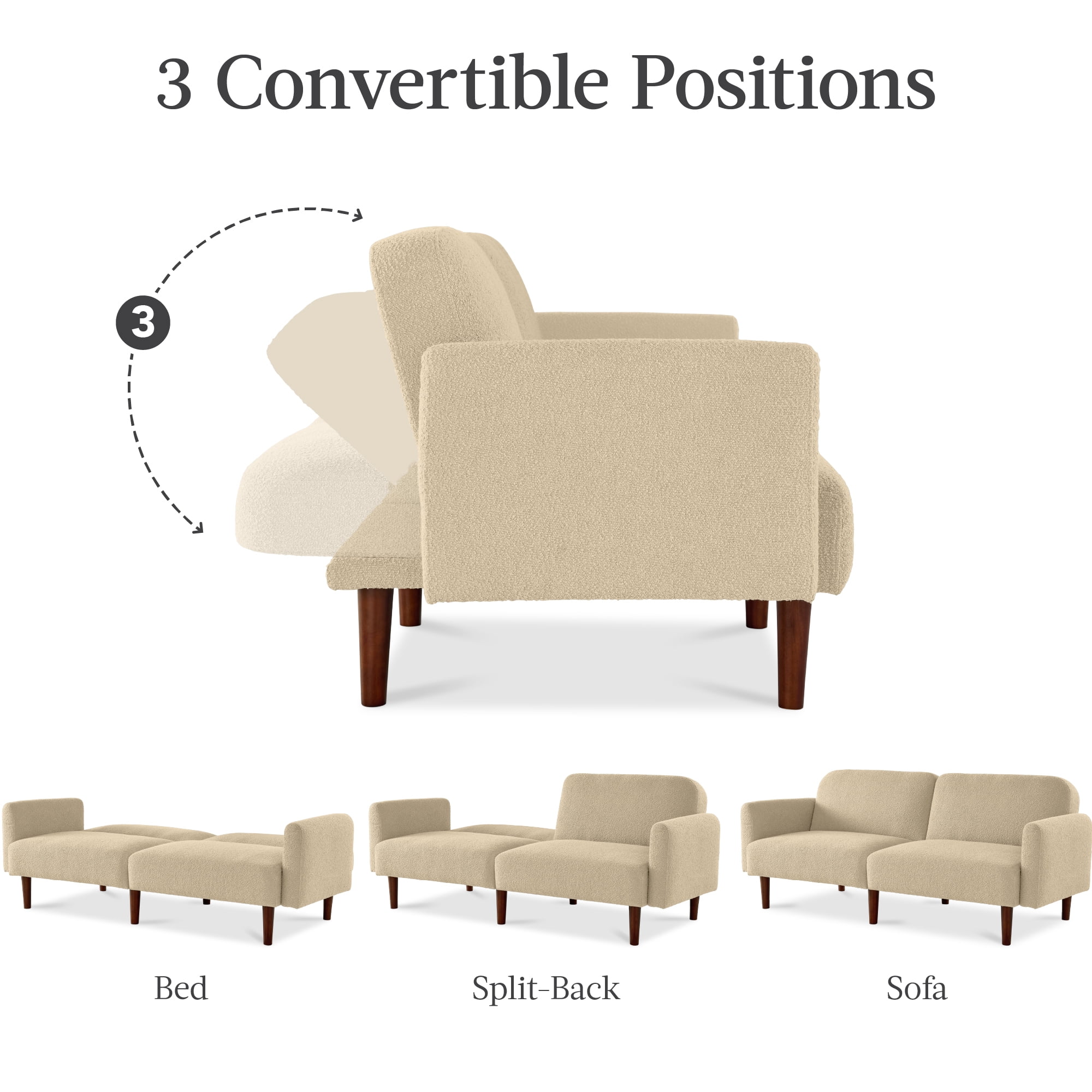 Best Choice Products Curved Convertible Futon, Boucle Fabric Split-Back Sleeper Bed - Oatmeal