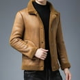 thumbnail image 3 of Men Jacket Lapel Long Sleeve Single Breasted Coat with Pockets Solid Color Reversible Design Polar Fleece Faux Leather Outwear, 3 of 8