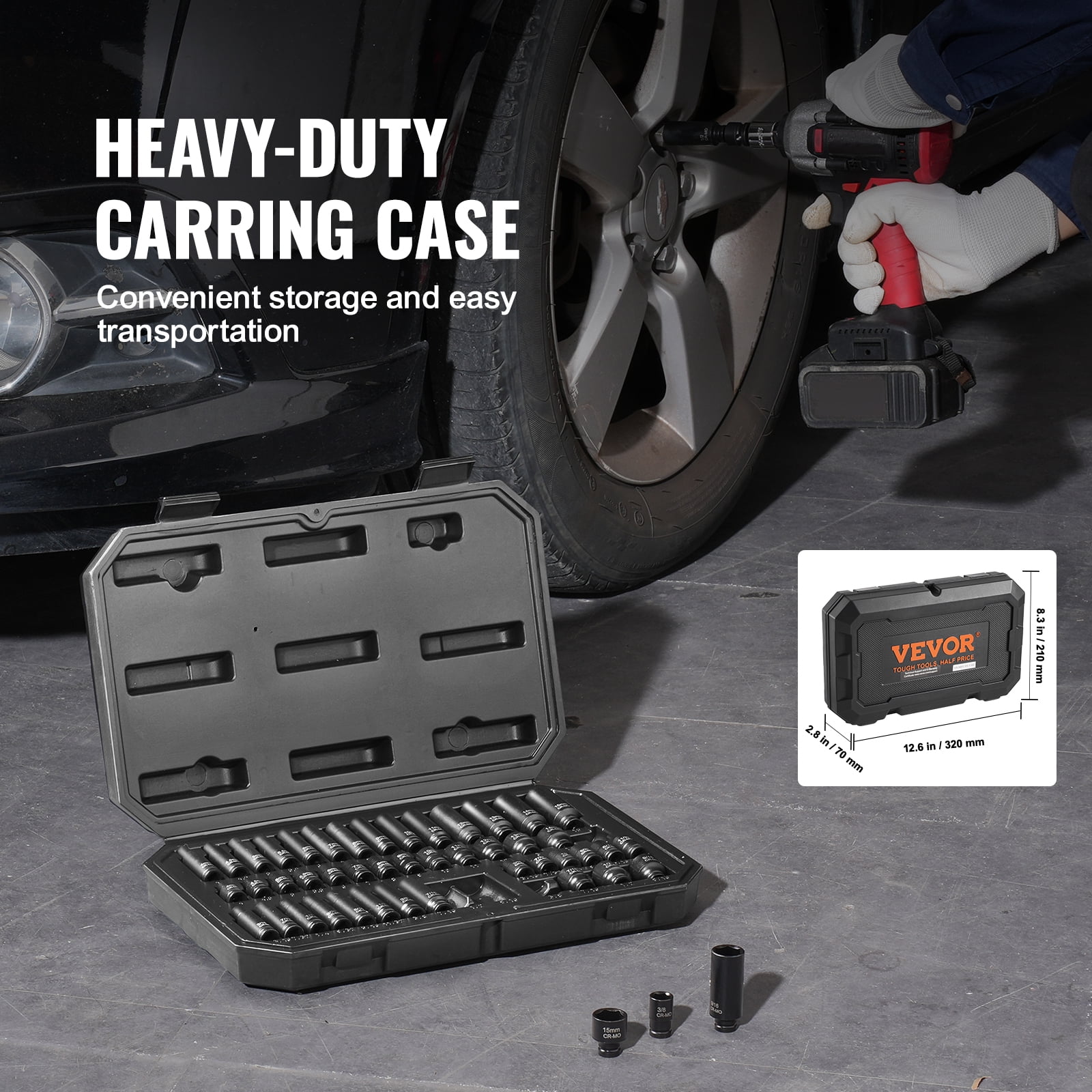 VEVOR Drive Impact Socket Set 1/4" - 14 Piece Deep Socket Set Metric 4-15mm - 6 Point Cr-Mo Alloy Steel for Auto Repair - Easy-to-Read Size Markings - Rugged Construction - Socket Organizer