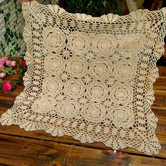100% Cotton Handmade Crochet Square Tablecloth Doilies Lace Table Covers,White, 19 Inch