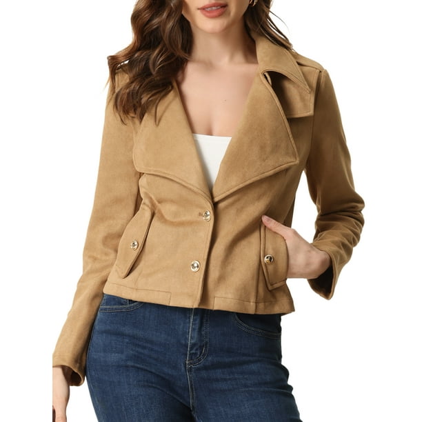 Chaquetas de Gamuza Sintética para Mujer con Cuello de Solapa Moto Biker Jacket Camello L