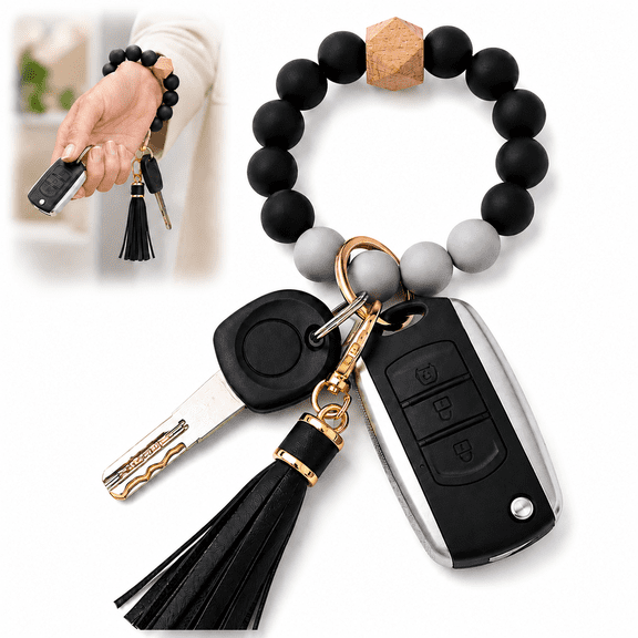 Emlimny Silicone Beaded Bracelet Keychain Wristlet Key Ring Bangle Chains for Women with Leather Tassel(Black/Gray)