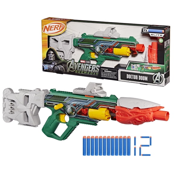 Nerf Marvel Doctor Doom Blaster with Scope, Barrel, Stock & 12 Elite Darts for Outdoor Play