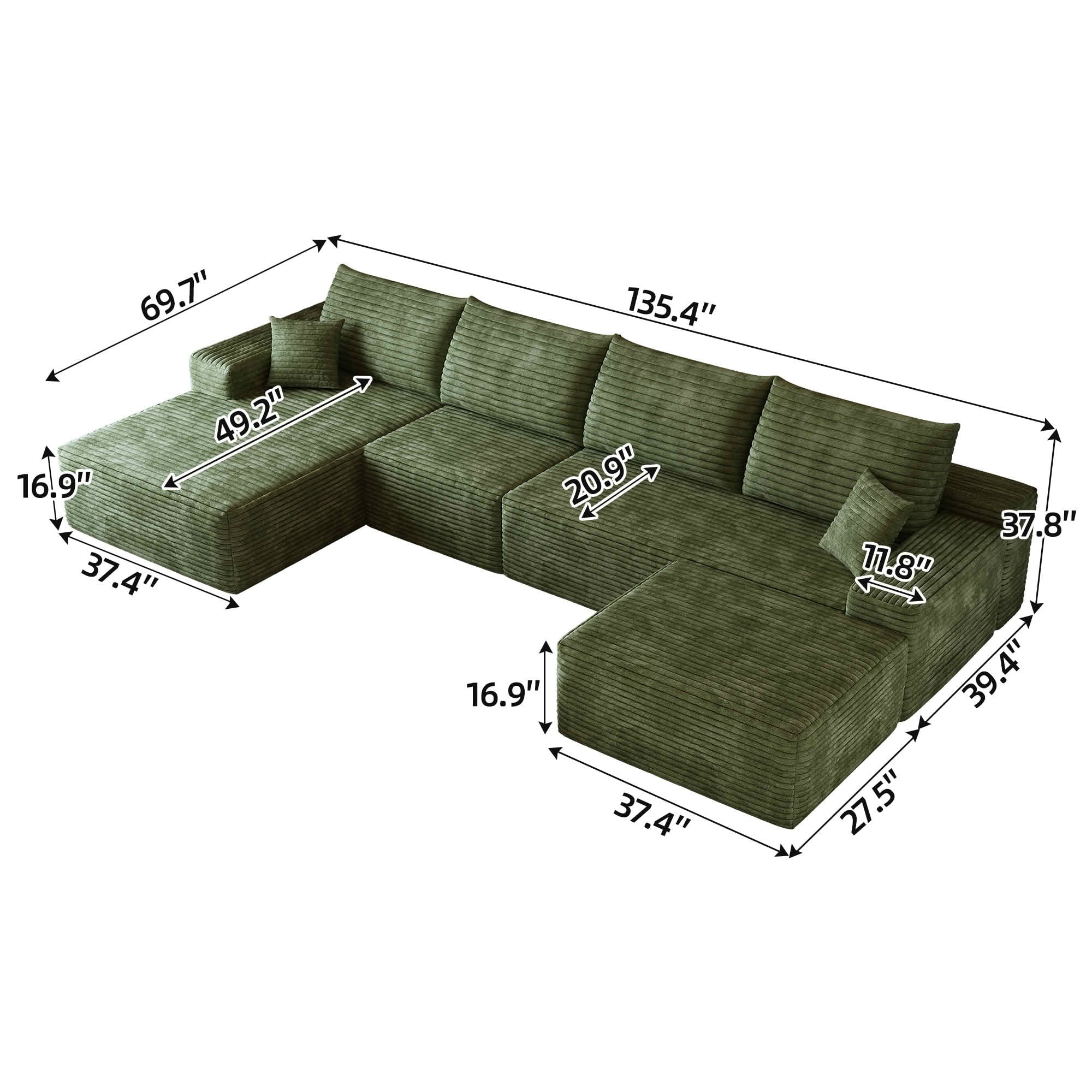 MAYEERTY 135" Cloud Sectional Sofa with Ottoman, U Shaped Deep Seat Couch, Plush Corduroy Fabric, No Assembly Required, Black&Green