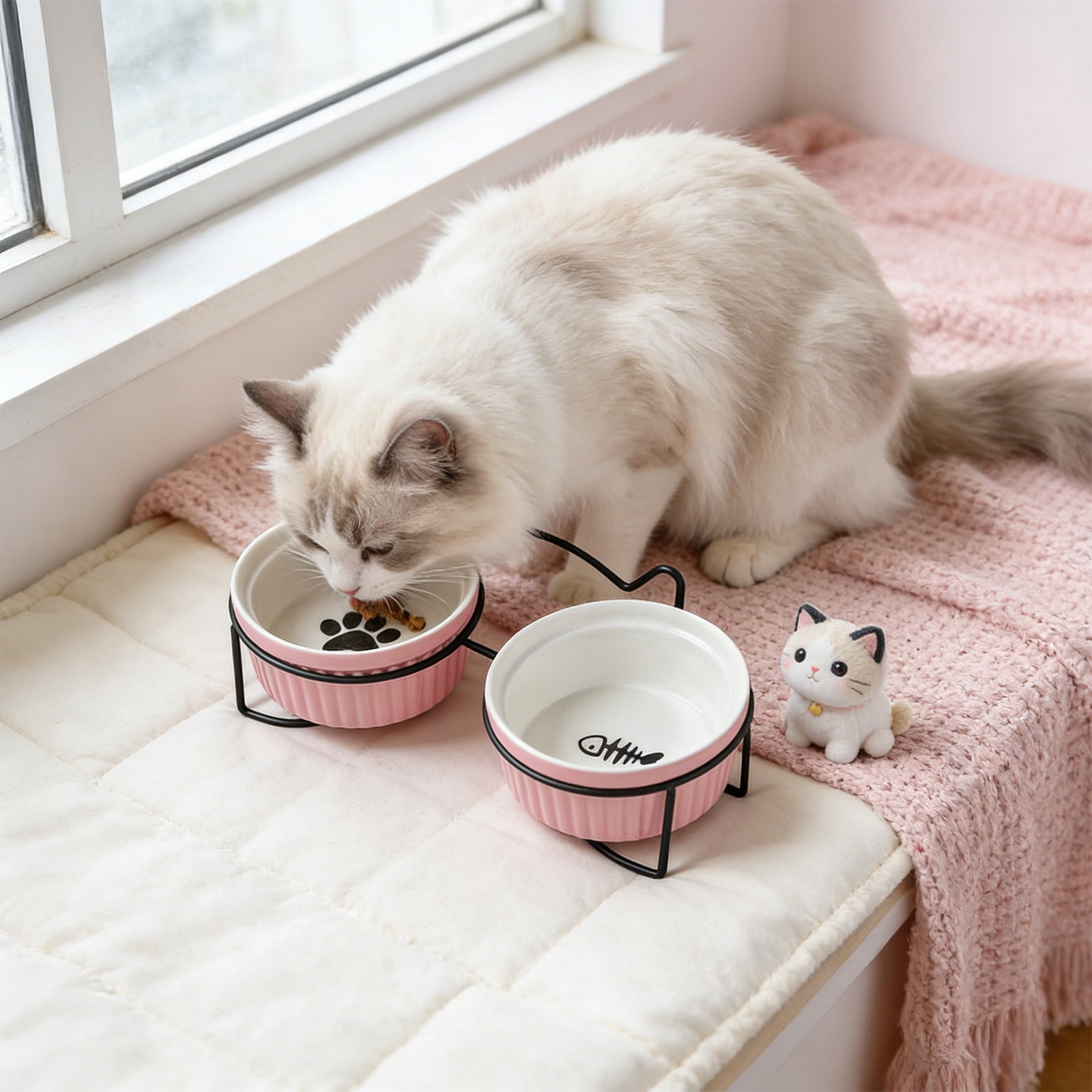 Cinvoph Ceramic Cat Bowls Non Tipping Stable Food Water Dishes Double Bowl Design for Dogs Cats Daily Feeding Drinking Easy to Clean