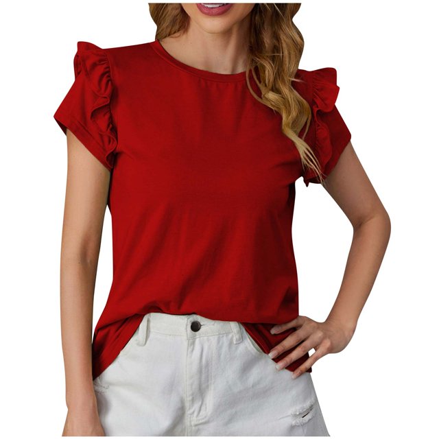 Timegard Summer Tops for Women Ruffle Short Sleeve Crewneck Loose Comfy Casual Tops Summer Fashion