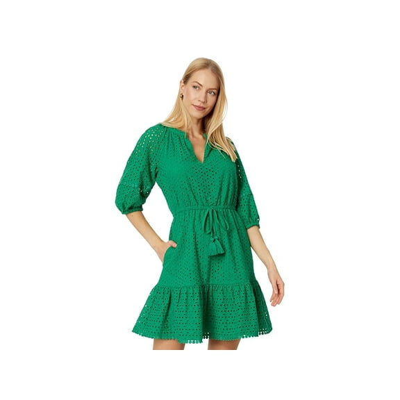 Women's Eyelet Balloon-Sleeve Tasseled-Drawstring Dress Green 12