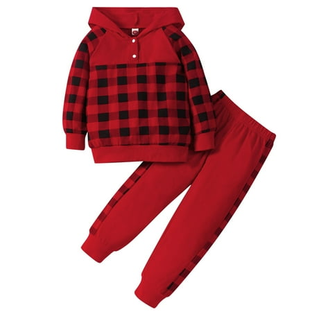 

CNGELG Toddler Boys Girls Long Sleeve Plaid Prints Hoodie T Shirt Tops Pullover Pants Outfits