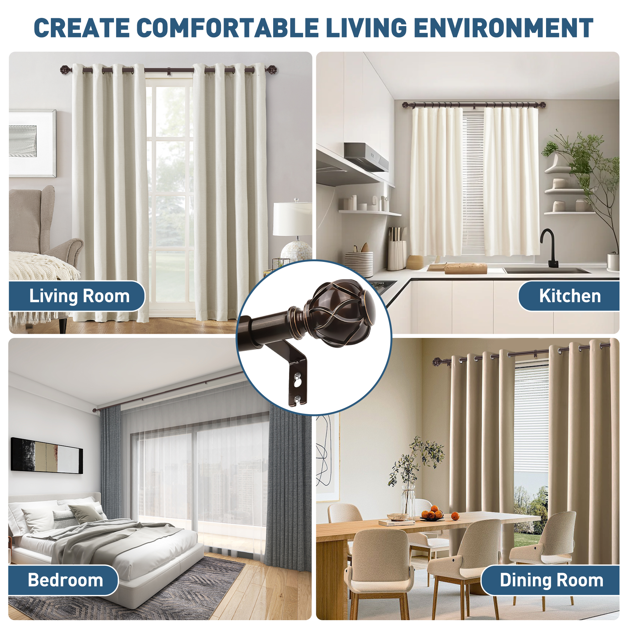 Bronze Curtain Rods for Windows 48 to 120 inches, Adjustable Length Curtain Rod with Metal Finials, 1 inch Diameter Heavy Duty Drapery Rod for Modern Decor Bedroom Kitchen Living Room