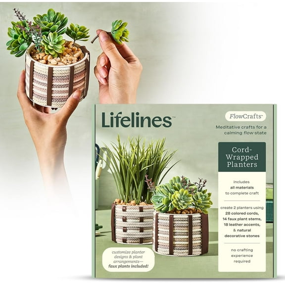 Lifelines FlowCrafts Cord-Wrapped Planters Sensory Craft Kit for Teens & Adults, Includes 2 Unique Planters with Cords in Multi-Colors, Leather Accents, Faux Plant Stems & Decorative Stones