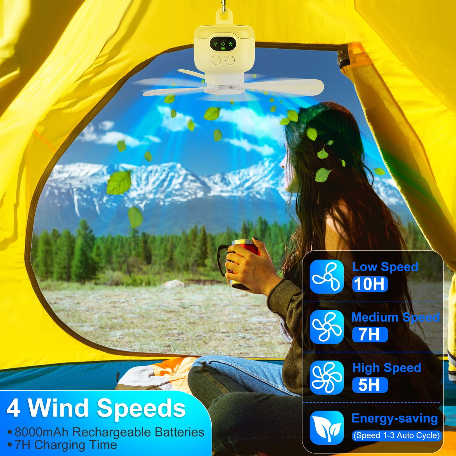 2 In 1 Portable Camping Fan with LED Lantern 8000mAh Battery Powered Tent Fan with Carabiner Digital Display 4 Speeds 4 Timer Settings for Camping Canopy Tents RV