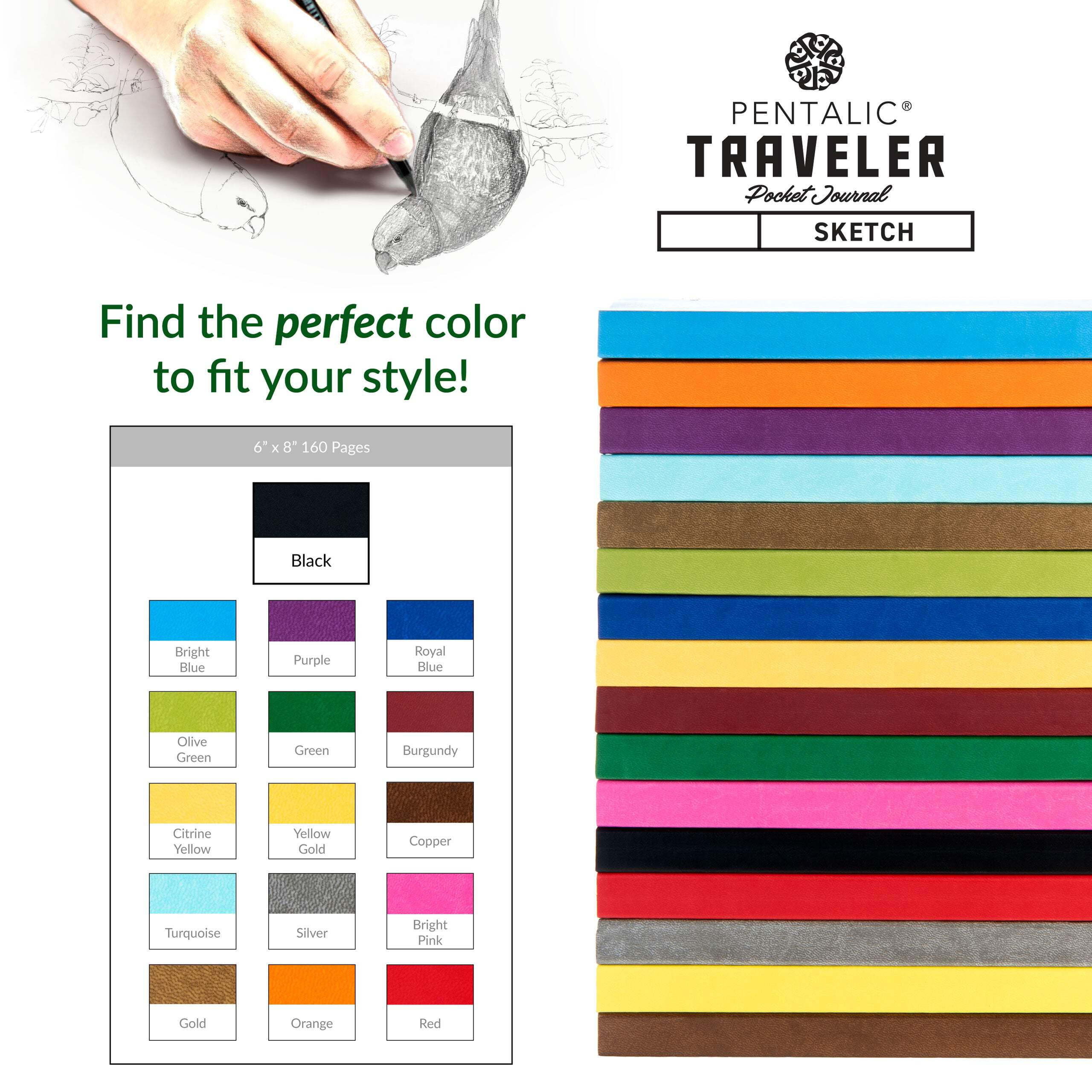 (4 pack) Pentalic Traveler - 6"x 8" Drawing Pocket Artist Drawing Journal Brown Cover, 160 Pages, 74 lb. Paper