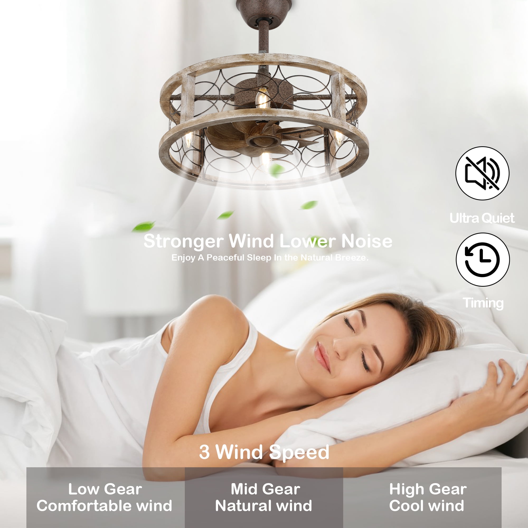 Chords Attic 20" Rustic Caged Ceiling Fan with Light and Remote Control, 4-Light Farmhouse Wood Finish Ceiling Fan Fixture for Bedroom, Living Room