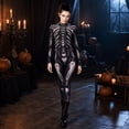 thumbnail image 5 of Skeleton Cosplay, Skeleton Costume, Skeleton Outfit, Mechanical Skeleton Bodysuit Costume Silver Metal Bone Print Full Body Zentai Suit Halloween Sci Fi Outfit for Movie Night, Black 110, 5 of 5